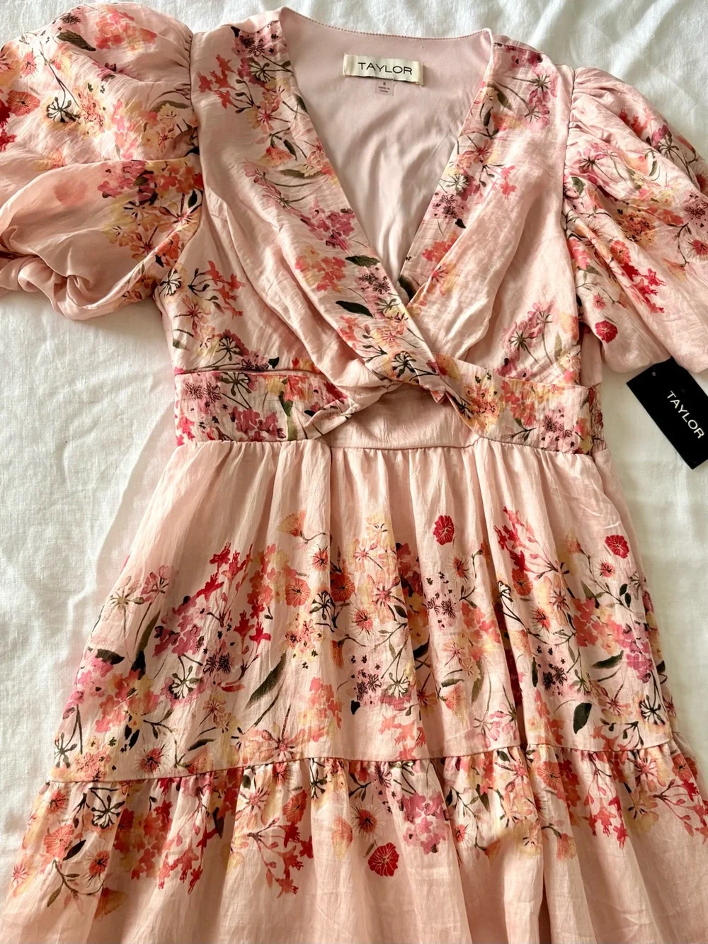 Taylor Floral Puff Sleeve Maxi Dress Pink Tiered Cottagecore Romantic Size 8 NWT